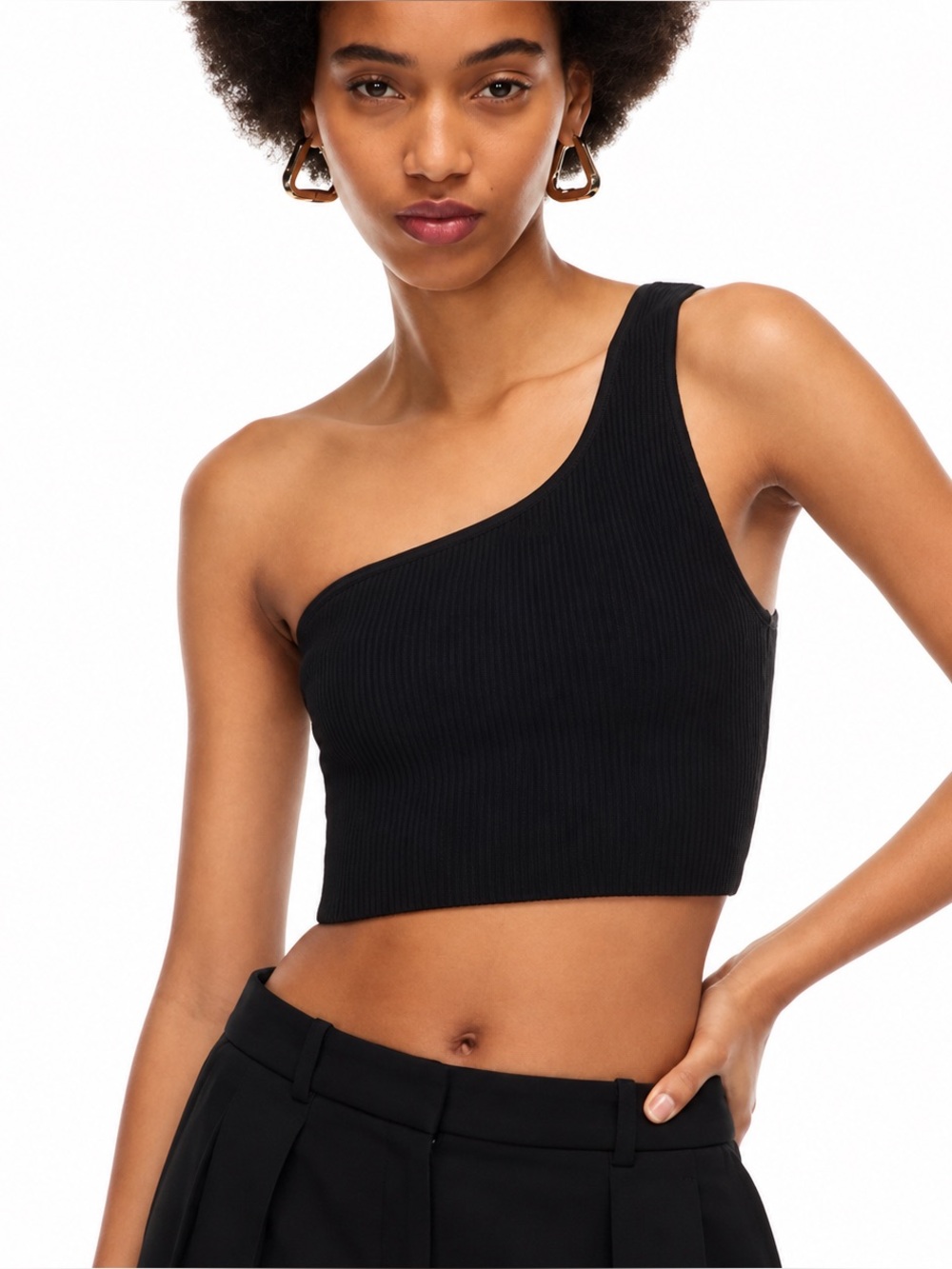 Aritzia Babaton Black Sculpt Rib Knit One Shoulder Cropped Tank